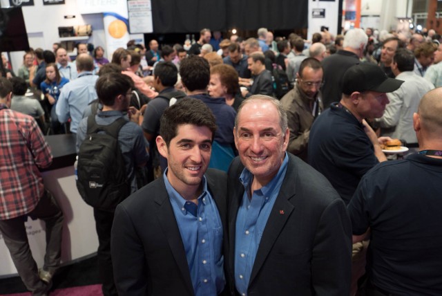 Steve Tiffen and his son celebrating the 40th anniversary of the device at the Tiffen Booth at NAB 2015 
