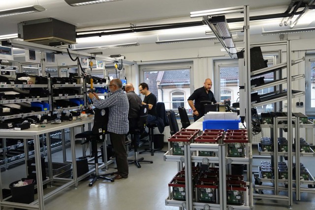 ARRI Alexa Mini camera assembly on Tuerkenstrasse. Christian Wachholz, Head of the camera assembly line, on right.